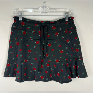 FREE PEOPLE Floral Mini Skirt Black & Red Roses Drawstring Pockets Stretch XS